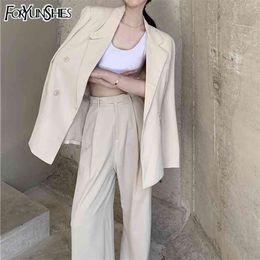 FORYUNSHES Conjunto de 2 piezas Za Mujer Blazer Chaqueta Conjunto Casual Pierna ancha Pantalón recto Traje Conjunto Ropa femenina Conjuntos de pantalones 210727