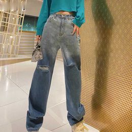 Foryunshes vrouwen hoge taille losse gescheurde jeans mode casual rechte broek mama jeans gewassen vriend denim broek 210602