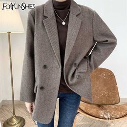 Foryunshes vrouwen streep wollen blazer dames warme dikke solide casual losse zakelijke jas jas herfst winter Engeland stijl 211104