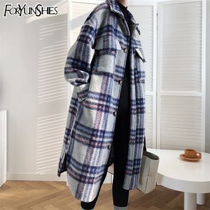 FORYUNSHES femmes hiver laine manteaux femme Plaid imprimer rétro chaud épais longue veste manteaux coréen Style Outwear 201027