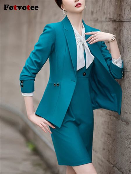 Fotvotee 2 pièces ensembles tenue de bureau femmes mode à manches longues simple bouton blazer élégant mince col en V Mini robe costumes 240108