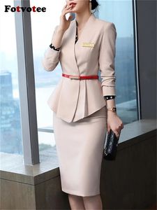 Fotvotee Elegant Office Dames Rok Pakken voor Vrouwen Koreaanse Mode Lange Mouw V-hals Blazer Potlood 2 Delige Set 240309