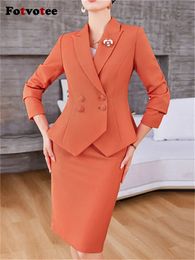 Fotvotee, conjuntos de 2 piezas rosas para mujer, moda de oficina, chaquetas ajustadas con doble botonadura, elegantes trajes de falda de cintura alta 240219