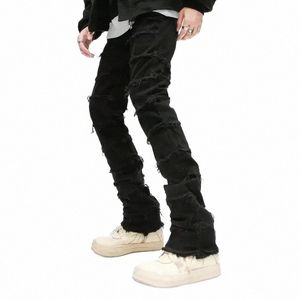 foufurieux trou effiloché destructi ciré jeans hommes haute rue rétro droit déchiré crayon pantalon surdimensionné denim pantalon hommes X0qA #