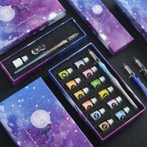 Stylos à plume 13/7 pcs / set cristal verre ciel étoilé licorne calligraphie dip stylo paillettes poudre couleurs encre boîte cadeau écriture 220928