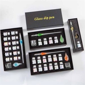 Fountain Pennen 3/7/15 PCS Glazen set 7 ml kleuren inkt bloemen kristal dip geschenken doos schrijven tekening stationery school kunstbenodigdheden 221007