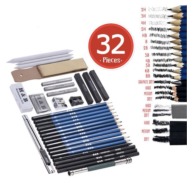 Plumas estilográficas 32 piezas Set Kit de lápiz de dibujo profesional que incluye lápices de dibujo Lápices de carbón de grafito Borradores Sacapuntas 221130