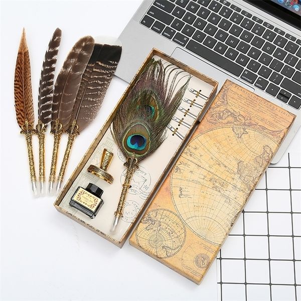 Plumas estilográficas y bolígrafo de inmersión de pluma de pavo real natural único, caja de lujo de tinta de escritura, regalo de Navidad personalizable 220927