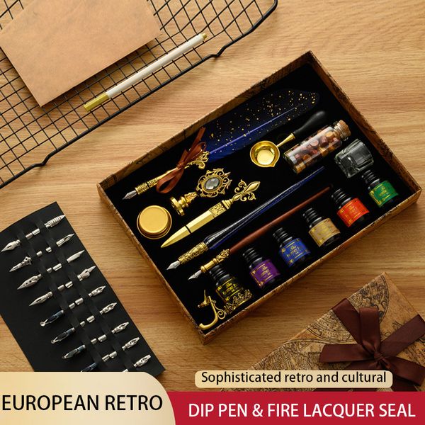 Stylos plume Antique plume Dip Kit rétro en bois ensemble classique cire sceau timbre pour calligraphie Art mots cadeaux 221007