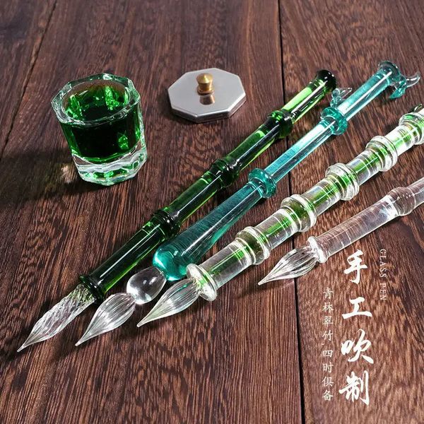 Stylos à plume Style chinois culture rétro verre stylo à tremper art peinture stylos en bambou transparent boîte-cadeau à envoyer enseignant 231027