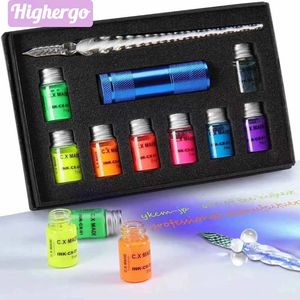 Stylos à plume Highergo 10PcsBox Invisible Fluorescence Ink Glass Pen Crystal Dip Set avec lumière UV pour calligraphie écriture dessin cadeau 231027