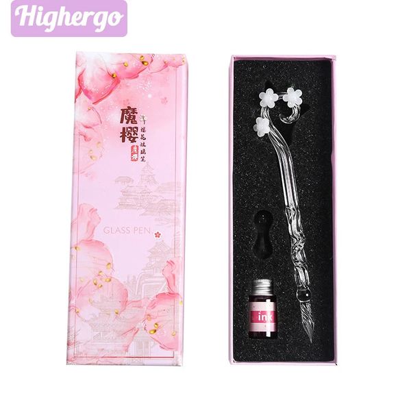 Stylos à plume Highergo Pink Sakura Glass Pen Set Crystal Dip avec des kits d'encre pour les cadeaux de filles Calligraphie Écriture Dessin Art Papeterie 231027