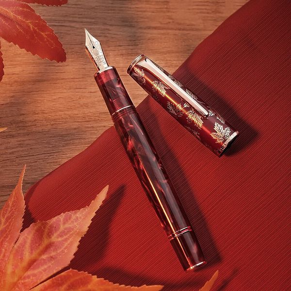 Stylos à plume Hongdian N8 stylo plume rouge résine acrylique feuille d'érable sculpture capuchon EF/F Nib garniture stylo d'écriture lisse avec convertisseur cadeaux stylos 230421