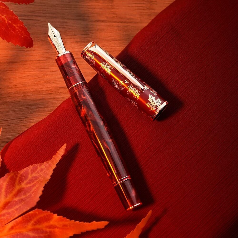 Penne stilografiche Hongdian N8 Red Resina acrilica Maple Leaf Carving Cap EFF Nib Trim Smooth Writing con penne per regali Converter 230130
