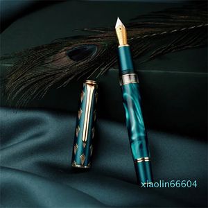 Fountain Pens Hongdian Resin Piston Effmlong Knife NIB Mooie groene grijze pauw totem Cap Writing Office