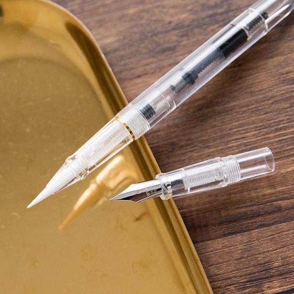 Penne stilografiche La semplice penna in plastica trasparente può cambiare la spazzola morbida per calligrafia dura, astuccio per matite, cartoleria1