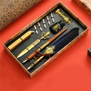 Vulpennen Sprinkling Gold Vintage Feather Pen Set Luxe Vulpen Inktfles Kalligrafie Schrijven Dip Pen Nib Quill Verjaardag Geschenkdoos 230804