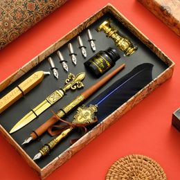 Fountain Pennen Vintage Quill Feather Dip Pen Writing Ink 5 Nibs Seal Wax Gift Box Calligraphy Stationery School Supplies 221122