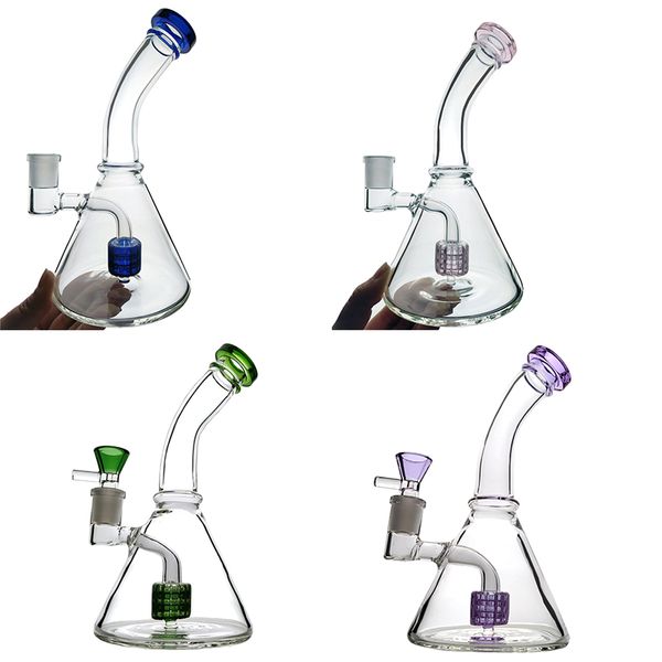 Quatre couleurs bécher Bong Rig narguilés 7 pouces pomme de douche Perc Bongs 14 tuyaux de joint femelle 5mm d'épaisseur tuyau de verre d'eau huile Dab Rigs