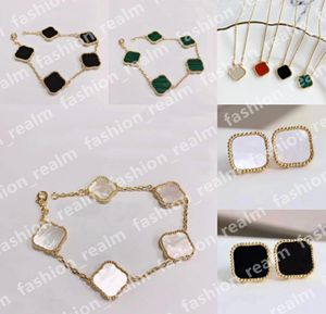 Klavertje Vier Armband Designer Sieraden Set Schakelketting klaver ketting Stud Oorbel Goud Zilver Parelmoer Groen Rood Bloem7120793