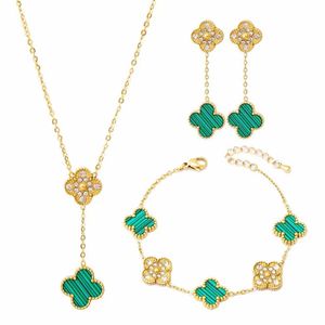 Vier blad klaver designer sieraden set kristal strass hanger kettingen armband oorrel goud groene bloem schakel ketting ketting voor vrouwen cadeau vgf