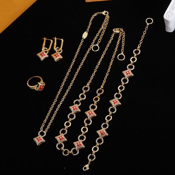 Collier trèfle à quatre feuilles, bracelet géométrique en Zircon, bague en émail, boucles d'oreilles carrées, cadeau de bijoux d'anniversaire de mariage pour femmes, avec boîte de sac à poussière originale