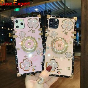 Vier Bladklaver Rhinestone Ring Houder Schokbestendig Mobiele Gevallen voor iPhone 13 12 11 PRO MAX XR XS 8 7 Plus Samsung A72 A52 A42 A32 A71 A51 A11 Kickstand Good Luck Cover