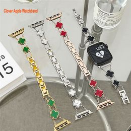 Four Leaf Clover Smart Straps Apple Watch Band 49 mm 38 mm 41 mm 42 mm 44 mm 45 mm Dames Cubaanse ketting Strass vervangende riem iWatch Series 8 7 6 5 4 3 2 1 diamanten bandriem