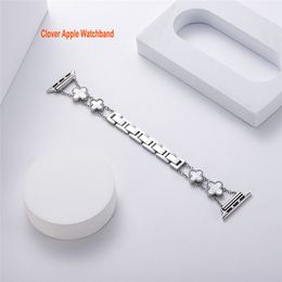 Bracelets intelligents Trèfle à quatre feuilles pour Apple Watch Band 41 mm 40 mm 38 mm 45 mm 44 mm 42 mm Bracelet de luxe en acier inoxydable avec diamants pour femme pour iWatch Series 8 7 6 SE 5 4 3 2
