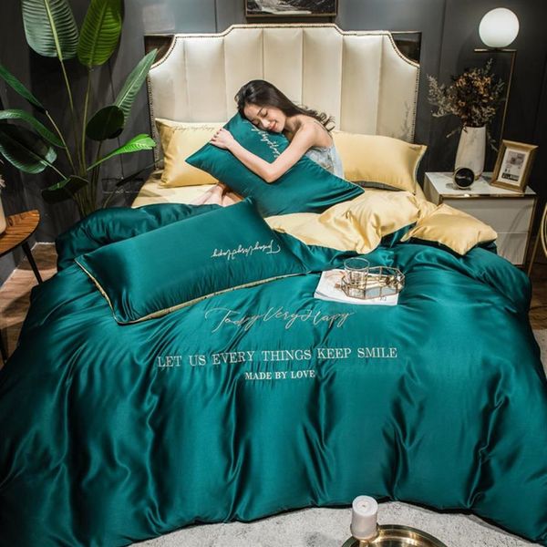 Conjuntos de ropa de cama de seda de cuatro piezas King Queen Size Funda de edredón de lujo Funda de almohada Funda nórdica Edredones de cama de marca Conjuntos de alta calidad Fas245h