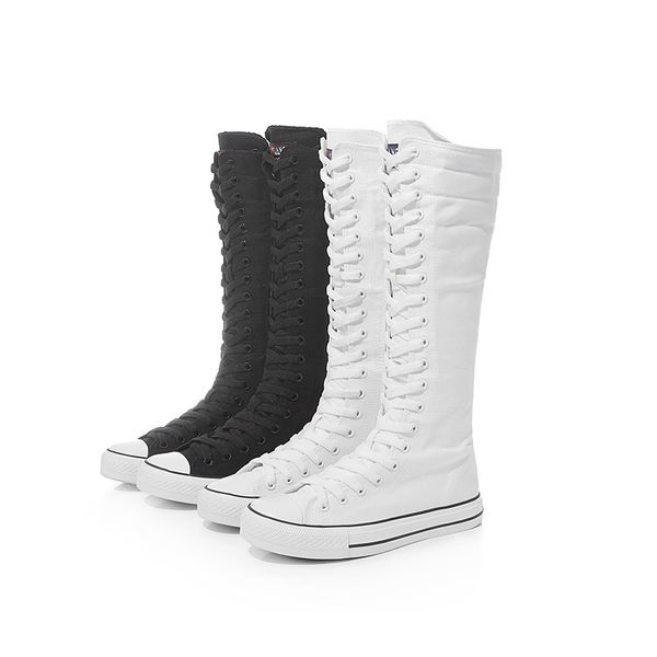 Bottes hautes quatre saisons pour femmes haut mode hauteur intérieure polyvalent noir et blanc chaussures plates à lacets hautes