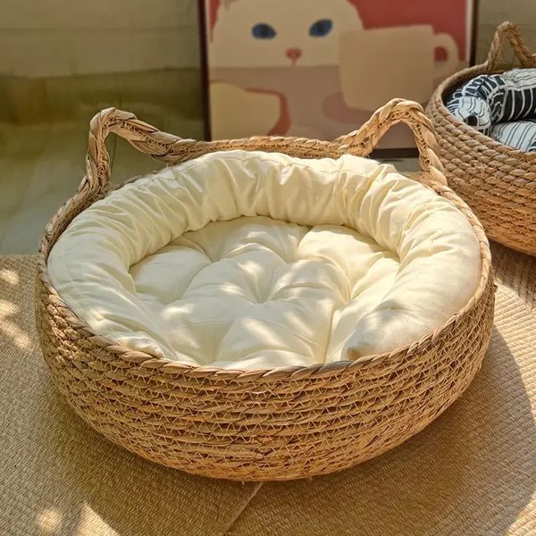 Four Seasons Cama para gatos Tejido Tapicería extraíble Casa para dormir Rasguño Piso Rattan Lavable Gatos Productos para mascotas Accesorios Y240103