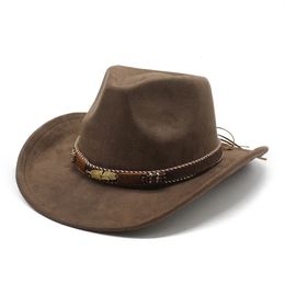 Chapéus de cowboy de quatro estações para mulheres e homens bonés ocidentais camurça poliéster 57-58cm tiras decorativas de folha de metal cowgirl em 240111