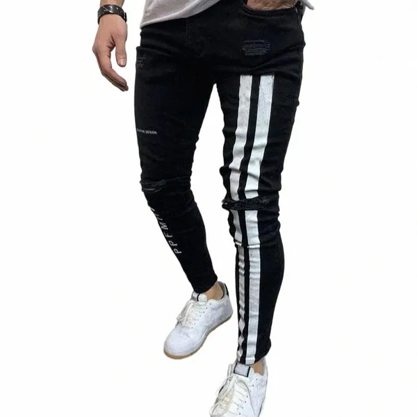 Quatre Seass High Street Hole Jeans pour hommes Denim Cott Workwear Side Stripe Impression Pantalon pour hommes Slim Fit Pantalon crayon élastique 12T3 #