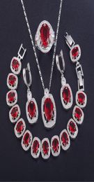 Vierstuk Sieraden Vierstuk Fashion Set in Sterling Silver Earring Necklace Oval Bracelet Rose Red6750365