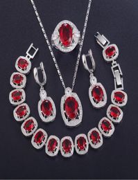 Fourpiece Sieraden Fourpiece Fashion Set in Sterling Zilver Oorbel Ketting Ovale Armband Rose Red1632222