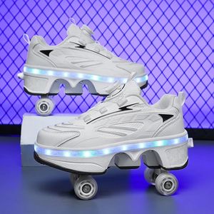 Zapatos de deformación de movilidad de cuatro ruedas, patines de ruedas retráctiles automáticos, carga LED, hebilla giratoria conveniente 240320