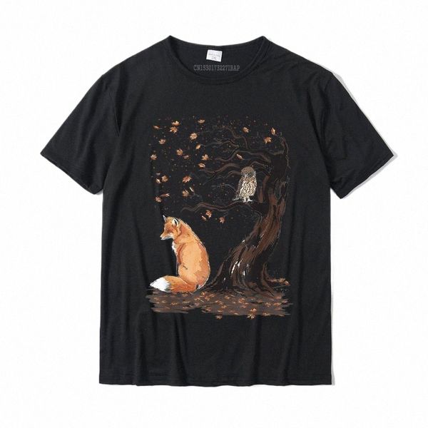 Zorro y búho en el árbol Amante de los animales Lindo Hojas de otoño Camiseta Cott Hombres Tops Camisetas Fitn Camisetas ajustadas Fiesta A estrenar D8t7 #