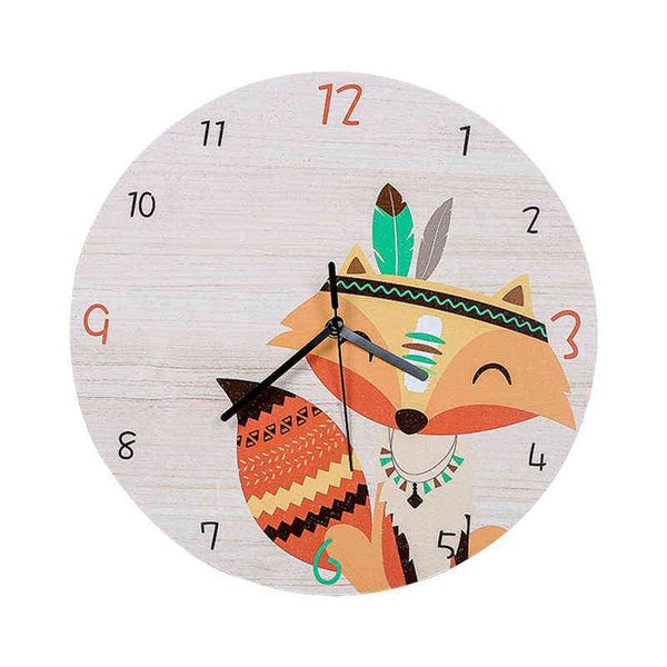 Reloj de pared con forma redonda de madera de dibujos animados de zorro, reloj de pared de cuarzo silencioso para decoración de habitación de niños, regalo para Baby Shower, decoración del hogar H1230