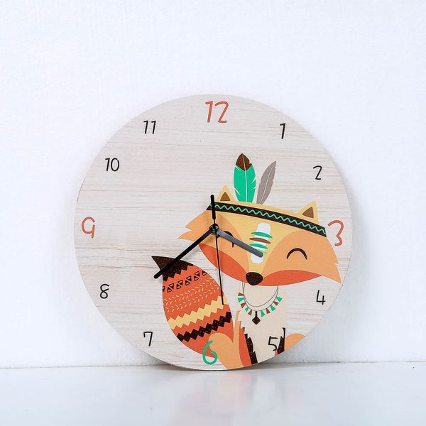 Zorro de dibujos animados de madera en forma de reloj de pared redondo Decoración de la habitación de los niños Reloj de pared de cuarzo silencioso Vivero Baby Shower regalo decoración del hogar 201118