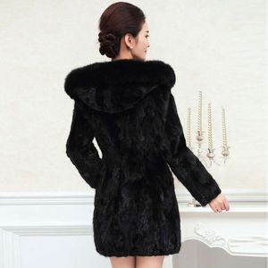 Manteau mi-long à capuche en fourrure de vison pour femme, col en peau de renard, automne/hiver, 4505