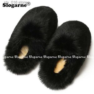 Fox Faux dames slippers warme pluche slijbanen meisjes harige huis katoen buitenbont glijbaan mode winterschoenen t231023 bc127 ry