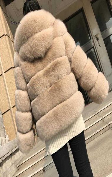 Fox Fur Coat Femmes Hiver Fashion Fauteuse Veste de fourrure à renard moelleux avec tenue de capuche Sweats à capuche Généfices Mendffur Mabe à capuche Femme Y0905660260