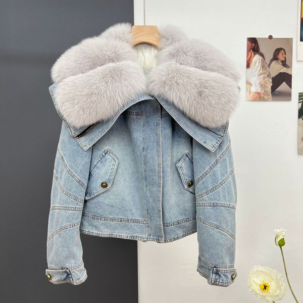 Chaqueta de plumón de ganso vaquera con cuello de piel de zorro, abrigos de invierno para mujer, abrigo, parkas de plumón para mujer