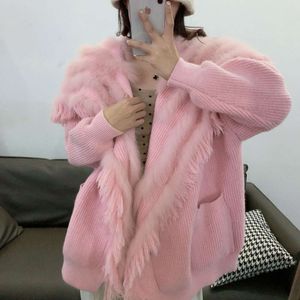 Vossenbont Haining nieuwe haar trui gebreid vest losse Koreaanse casual dames halflange jas 4772