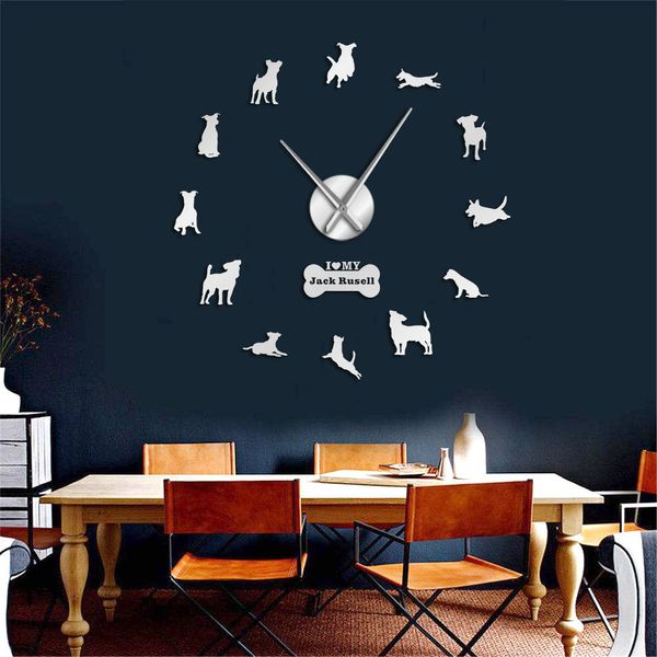 Fox Hunting Dog Jack Russell Terrier Grande Taille Horloge Murale Contemporaine Petit Terrier Chien Race Cadeau Effet Miroir DIY Wall Art Y200109