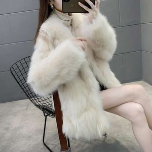 Manteau d'hiver en fausse fourrure de renard pour femme, longueur moyenne, col de costume, semble mince et tendance, 2023, 2715