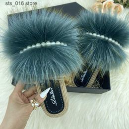 Fox Slippers Faux Woman Natural Fur Summer Espadrilles Pearl Chain Fluffy Slides Flip Flops Flops Women Shoes Sandalen T F E