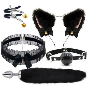 Plug Anal queue de renard, nœud papillon, oreilles de chat douces, bandeaux, collier, bouche en métal, Cosplay érotique, jeux pour adultes, jouet sexuel 240117