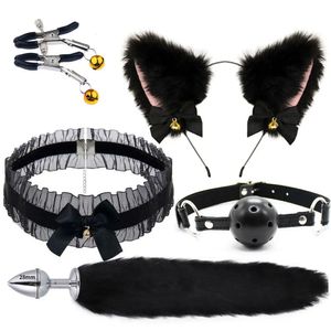 Fox Tail Anal Plug Metal Butt Plug Tail Cat Ears Headbands Bell Collar Mouth Plugs Erotic Cosplay Set Intimate Toys for Couples 240106